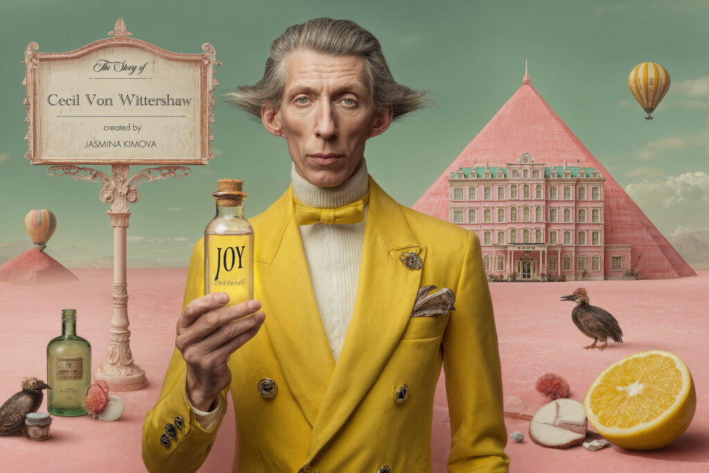 Cecil Von Wittershaw holding a glass bottle labeled JOY in a surreal pink desert before the Mirage Hotel pyramid, official campaign cover for The Whimsical World of Cecil Von Wittershaw by Jasmina Kimova