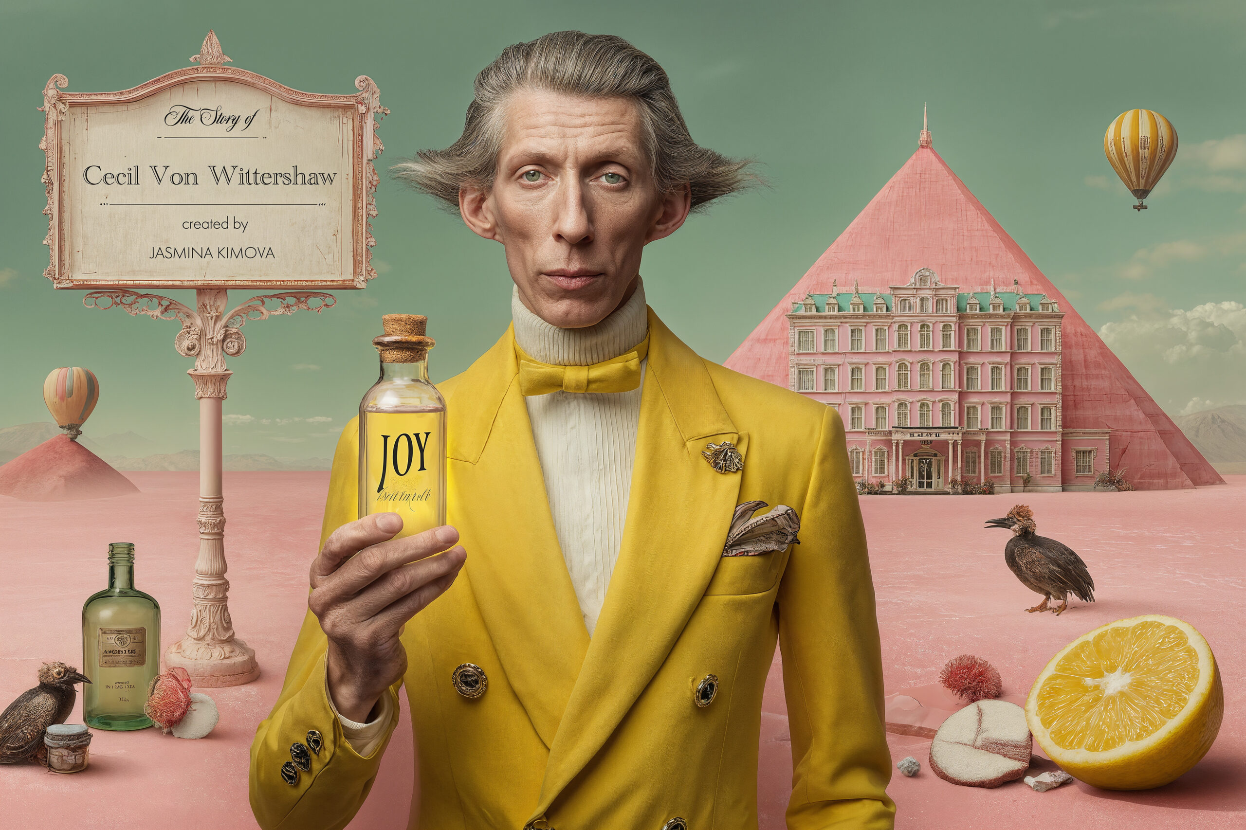 Cecil Von Wittershaw holding a glass bottle labeled JOY in a surreal pink desert before the Mirage Hotel pyramid, official campaign cover for The Whimsical World of Cecil Von Wittershaw by Jasmina Kimova