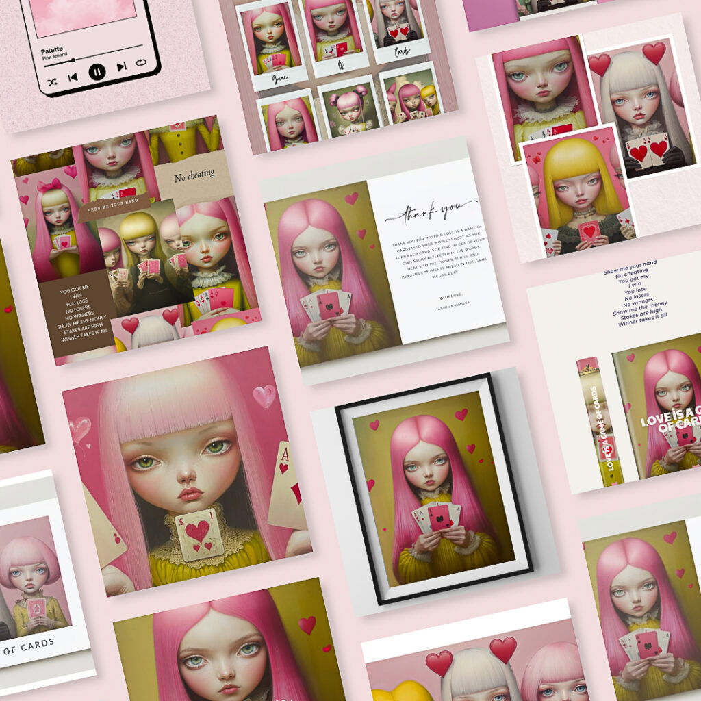 Editorial collage of Jasmina Kimova’s Love Is a Game of Cards fine art collection featuring surreal portraits, book mockups, and packaging design in pink and gold tones.