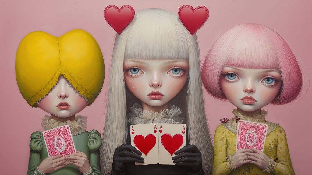 Love Is a Game of Cards art print by Jasmina Kimova featuring three surreal girls holding playing cards in pink and yellow tones