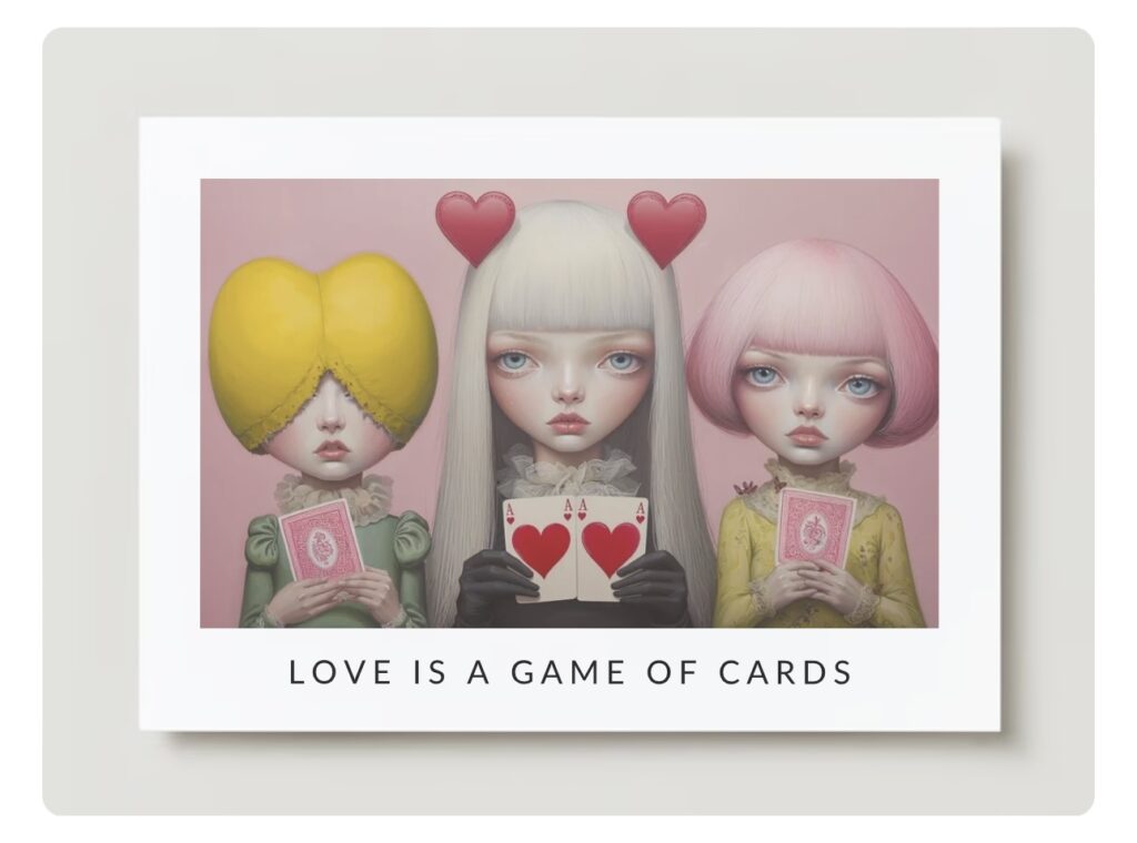 Fine art print from Jasmina Kimova’s Love Is a Game of Cards collection, featuring three surreal portraits with playing cards and heart motifs, presented as a collector’s edition artwork.