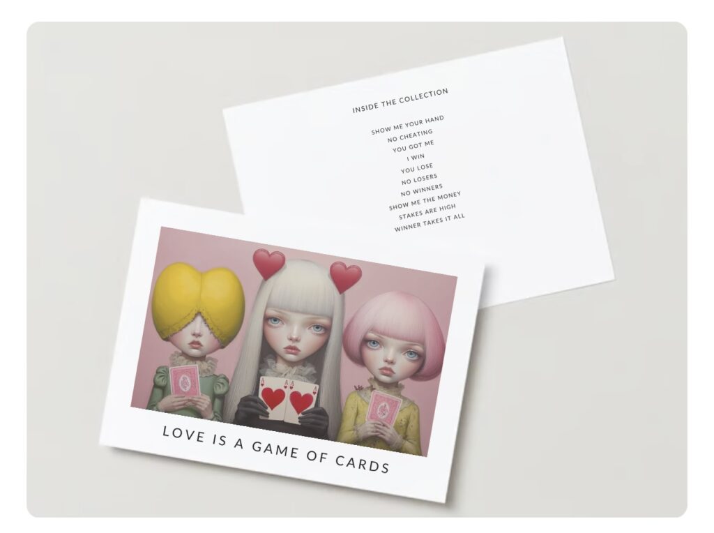 Front and back design of collector cards from Jasmina Kimova’s Love Is a Game of Cards fine art collection, printed on archival-quality paper with poems and illustrations inspired by the art of love and chance.