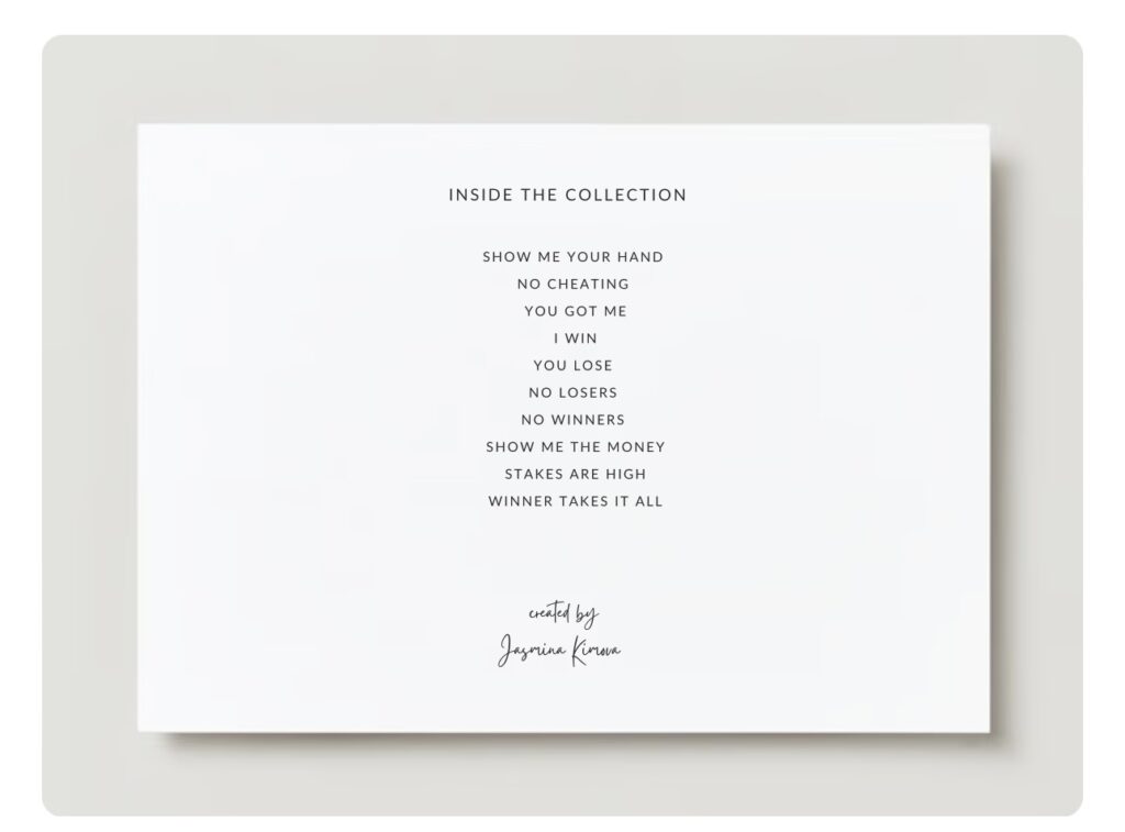 Poetic artwork from Jasmina Kimova’s Love Is a Game of Cards fine art collection, featuring the full list of card titles including Show Me Your Hand, No Cheating, and Winner Takes It All.