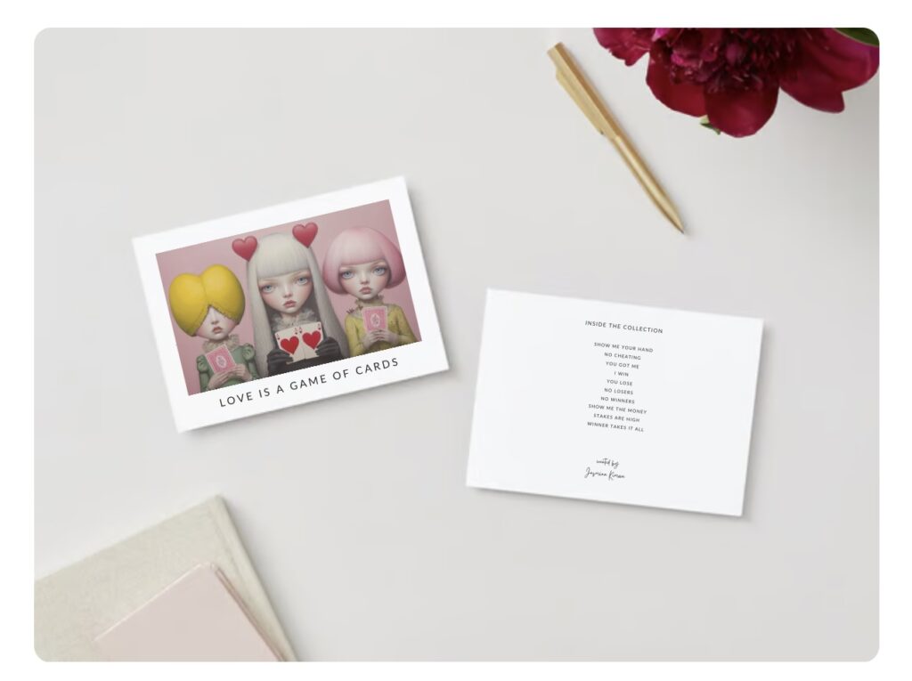 Layflat display of Love Is a Game of Cards fine art collector cards by Jasmina Kimova, showing both front and back prints with poems and illustrations on premium archival paper.