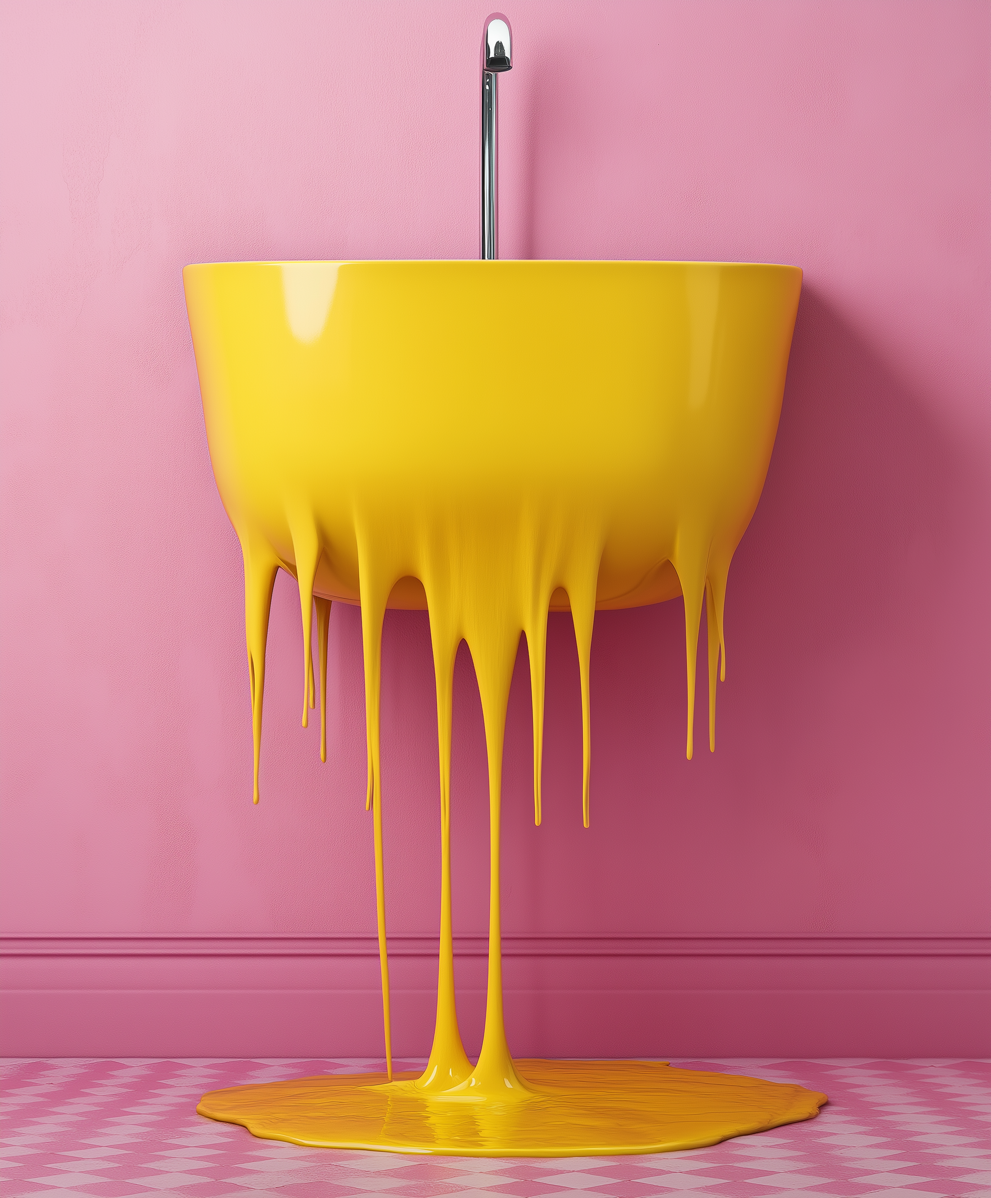 Yellow paint spilling from a modern minimalist sink against a pink wall, fine art photograph from Jasmina Kimova’s Minimalism Collection exploring color and emotion.